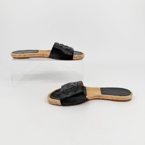 Chanel CC Flat Espadrille Mule Slide Sandals Black Leather Size 38 US 7-7.5 - Picture 11 of 15